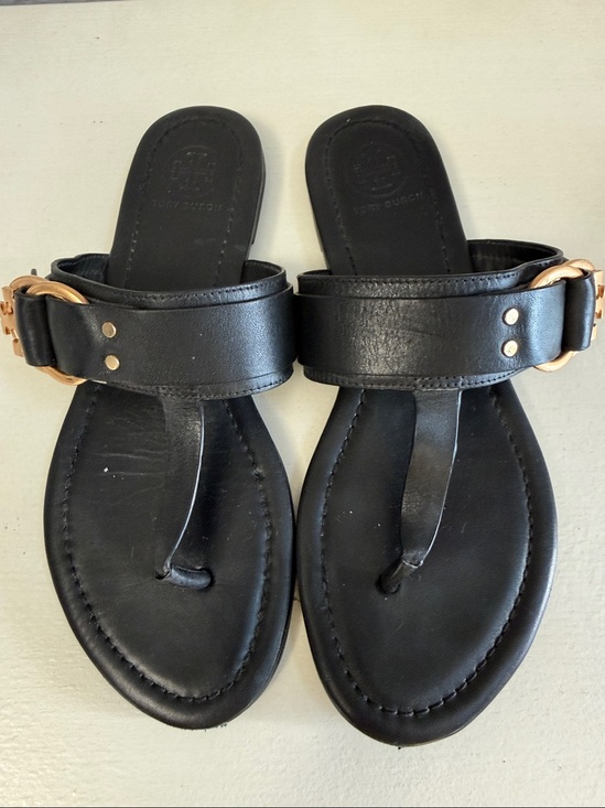 Tory Burch Shoes - Tory Burch Marsden Black Leather Thong Sandal with Gold Hardware